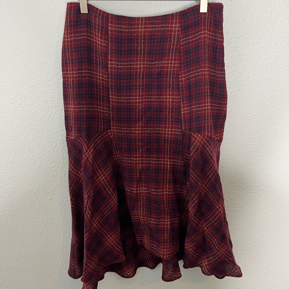 Anthropologie Maeve Burgundy Plaid Wool Midi Skirt - Picture 6 of 10